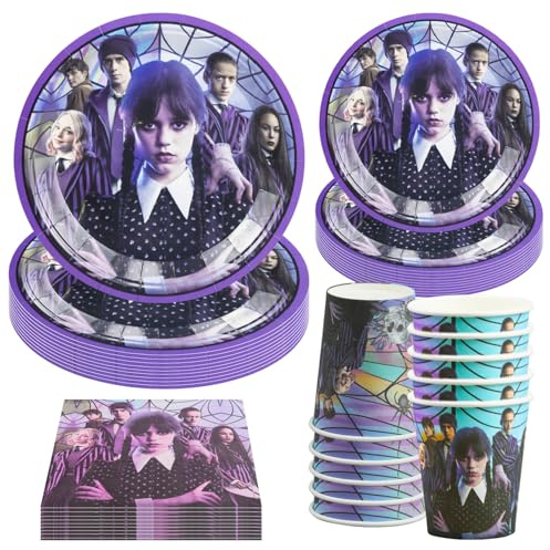 Hmfmdy Wednesday - Lot de 50 assiettes en carton - Gobelets et serviettes - Décoration de fête - Pour 10 invités