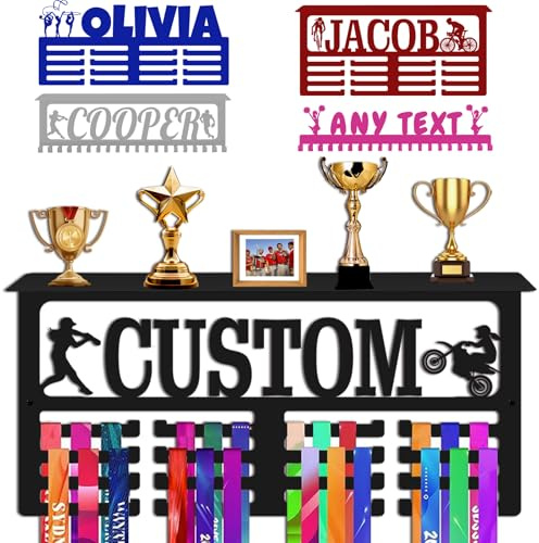 Personalisierter Medaillenhalter mit Namen Logo, individueller Aufhänger für Auszeichnung bänder, Wandgymnastikläufer, Jungen, Mädchen, Kinder, personalisiertes Geschenk, Metallmedaillenständer