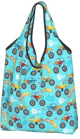 Buewutiry 3 borse grandi da donna, leggere, con motivo Monster Truck, riutilizzabili, pieghevoli, per la spesa, per lavoro, spiaggia, viaggi, con manici