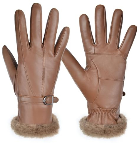 Harssidanzar Damen Lederhandschuhe Winter Thermo handschuhe Kleid Lederhandschuhe SL022EU,Cognac,Größe M