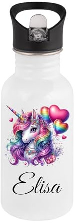 Personalisierte Edelstahl-Trinkflasche mit Strohhalm für Kinder, 500 ml, Einhorn- und Schmetterling-Design, Spülmaschinenfest, BPA-frei, Geschenk zur Einschulung (Einhorn lila)