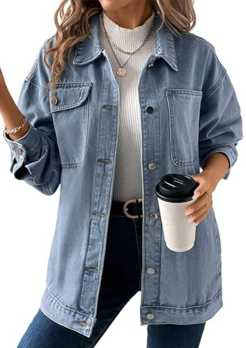 shownicer Veste en Jean Femmes Blouson en Denim Boutonné Manches Longues Décontractées Chemisier Long Coupe Ample B Bleu XXL