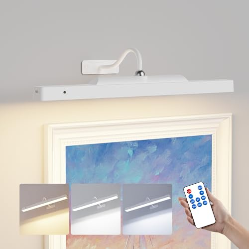 Rechargeable Picture Light for Wall Art White - 3 Color Temperatures,Remote Control & Adjustable Angle Wall Mount Battery Operated Wall Light for Paintings,Gallery,Frames,Photos (13H Runtime, 350LM)