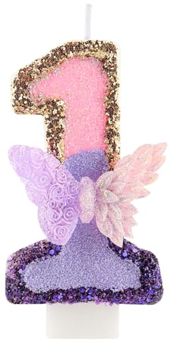 3D Schmetterling Geburtstag Purpur Nummer 1 Kerzen, Purpur Gold Schmetterling Kerzen für Cupcake Topper, Mädchen 1 Geburtstg Kerze Kuchen Topper Dekorationen
