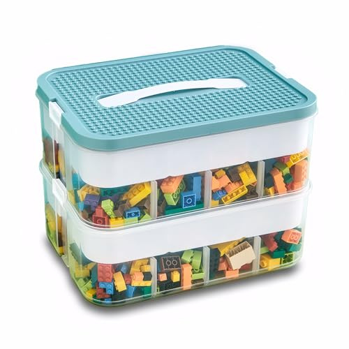 Bastelkiste für Bastelmaterial Lego Aufbewahrungsbox 30,5×23×23 cm Grün | PP‑ABS Kunststoffbox mit abnehmbarem Trennwänden Tragegriff Staubdicht stapelbar für Lego und Spielzeug