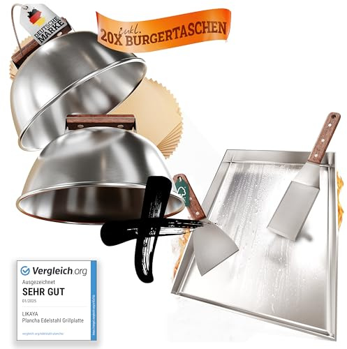 LIKAYA [BUNDLE] Plancha Edelstahl Grillplatte/Grillpfanne [OHNE LOCH - 30x40cm] + Burger-Glocken Set – 2x Grillspachtel & 2x Burger-Glocken – Perfekte Smash Burger auf Deinem Grill & Herd!