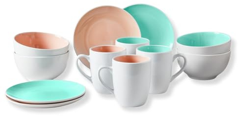 3 PAGEN® Service de petit-déjeuner 12 pièces rose et vert - Service de table en céramique - Service de petit-déjeuner pour 4 personnes - Assiettes à petit-déjeuner, tasses à café et bols à céréales