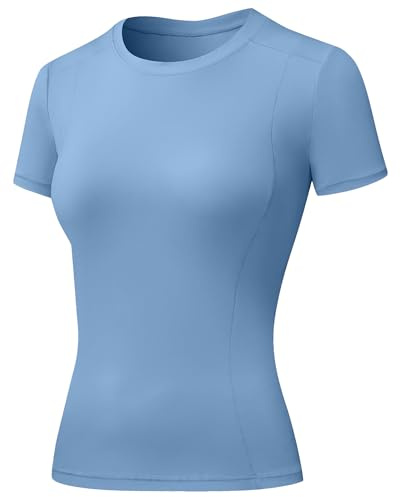 Yuerlian Sky Blue Women's Running Tops Sports Gym Compression Basic Short Sleeve T-Shirt Breathable Fitted Shirts for Athletic Exercise Fitness