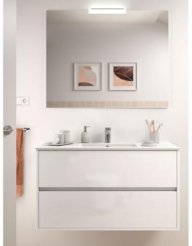Yellowshop | Mobile Bagno Sospeso 90 cm NOJA con Lavabo in Ceramica, 2 Cassetti Soft Close, Specchio e Applique LED – Design Moderno (Bianco Lucido)