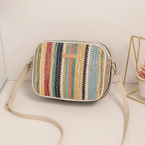 AAIXXIZAO Strohtaschen Strandtasche Frauen Regenbogen Gestreift Crossbody Umhängetasche Kleine Geldbörse Und Handtasche Damen Stroh Gewebte Strandtasche Grün