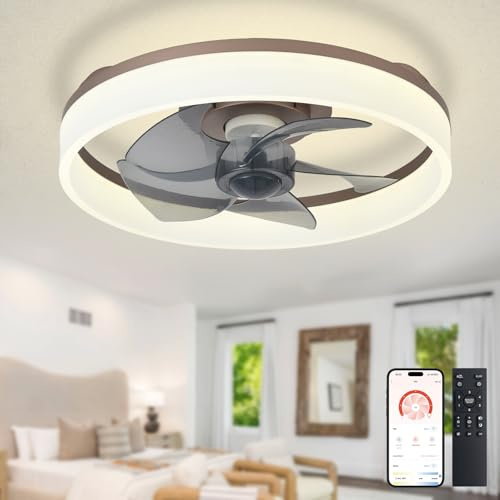 Depuley Ventilateur de plafond à LED avec éclairage: 16 Lustre moderne à profil bas encastré avec télécommande - Luminaire à ventilateur sans pales brun à intensité variable pour chambre à coucher