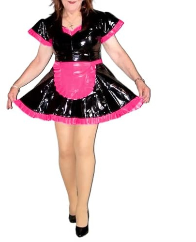 ERFSQIYALHJ Sissy Kostüme V-Ausschnitt Sexy Kleid Wet Look PVC Maid Mini Kleid mit Schürze Cosplay Outfits