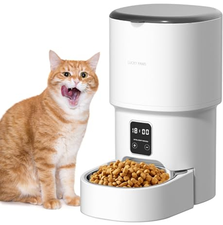 Bizcasa 4 l automatisk foderautomat för katt, automatisk utfodrare för katt, timer – 1–6 måltider per dag, med skål i rostfritt stål, foderdispenser för katter och hundar (basic vit-4L)