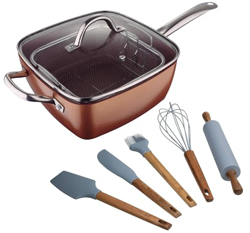 Juego de Sartén Cuadrada 24x24cm en aluminio prensado + Set de 5 utensilios de cocina de silicona y madera Optimum Copper Bergner
