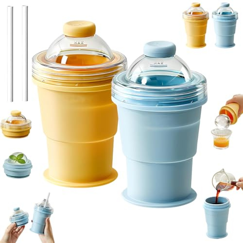 Vaso De Silicona Plegable 2 En 1 Para Hacer Bolas De Hielo: Molde Esférico De 6 Cm Y Vaso Portátil De Viaje — Plegable, Ideal Para Café, Jugos, Hogar (Bleu + Jaune)