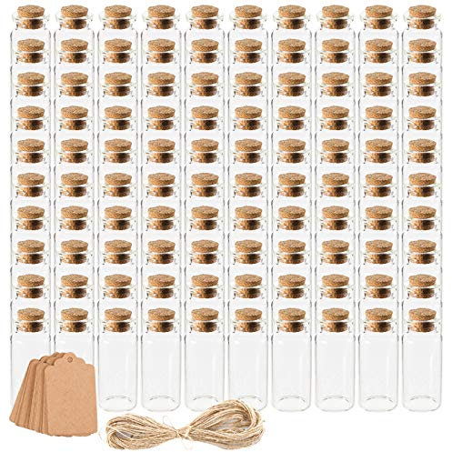 Kingrol 100 Pack 10ml Glass Bottles Wish Bottles with Cork Stoppers, Mini Bottle with Personalized Label Tags and String for Arts Crafts Projects, Decoration, Party Favors