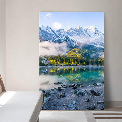 Hochformat Wandbild, Fotomotiv Alpen Eibsee, Zugspitze als 100x150cm große XXL Leinwand für Wohnzimmer, Schlafzimmer, Büro. EIN tolles Bergpanorama Bild im Großformat auf 4cm Keilrahmen