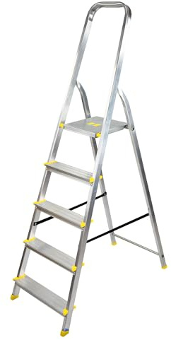Bayersystem BS-DA5 150 Trittleiter mit 5 Stufen, Aluleiter, bis 150 kg belastbar, max. Arbeitshöhe 2,99 m, Klapptrittleiter mit Handlauf, Anti-Rutsch-Füße, Klapptritt für Haushalt, Silber/Gelb