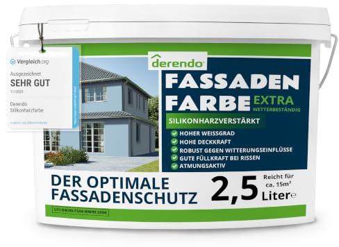 derendo Fassadenfarbe Blau silikonharzverstärkt aussen Taubenblau 2,5l | Für Putz Beton, Abperleffekt, wasserabweisend, UV-beständig, hohe Deckkraft, rissfüllend, diffusionsoffen, Made in Germany