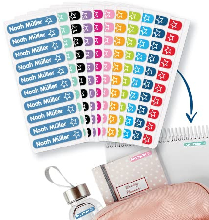 Gutmarkiert Mini Namensaufkleber mit Symbol - 42 Stück 38x6mm Farbig | Personalisierbare Namensetiketten mit Namen - wasserfest und langlebig - für Kinder - ideal für Schule und Kindergarten