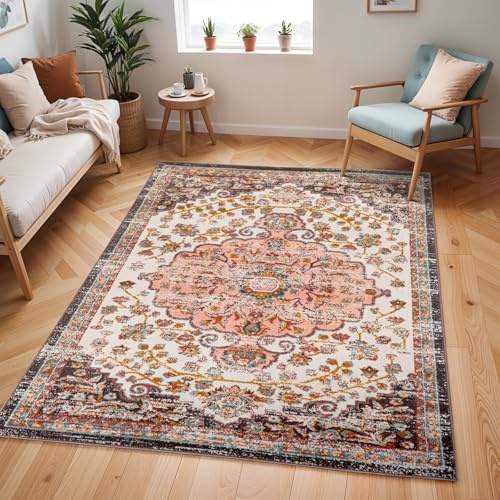 Livabliss Bray Vintage Teppich groß - Orientalischer Teppich Wohnzimmer 200x275 cm, Esszimmer, Schlafzimmer - Boho Kurzflor Teppiche für einfache Pflege - Rot und Weiß