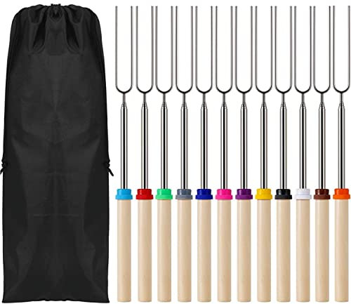 KAHEIGN 12 Pezzi Forchette per Tostare Marshmallow, 12 Colori Forchette per Barbecue in Acciaio Inossidabile Telescopico da 31CM a 81CM Bastoncini per Tostare Marshmallow Spiedini Smores al Fuoco