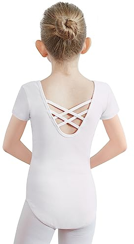 PLIKSUVER Balettdräkt för flickor, barnbaletttröja, kortärmad balett, gymnastik, gymnastikdräkt, danskropp av bomull för kvinnor, barn, svart, vit, rosa (storlek 10–170), Vit, 150 (Höhe: 145-155 cm)