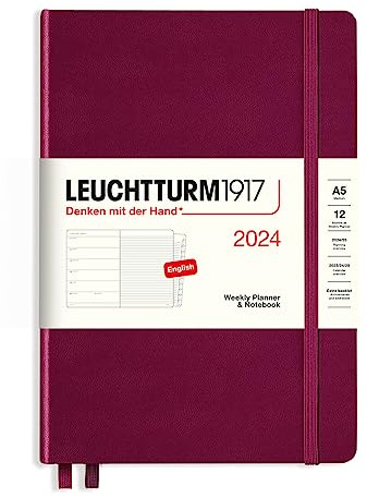 LEUCHTTURM1917 367713 Wochenkalender & Notizbuch Medium (A5) 2024, 12 Monate, Port Red, Englisch