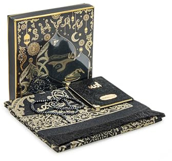 ihvan online Gebetsgeschenk Set für Männer und Frauen, Muslimischer Taft Gebetsteppich, Yaseen Buch, Salah Matte, Perlen Rosenkranz, Islamisches Geschenk für Ramadan & Eid & Mitgift, Schwarz