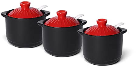 Azucarero con forma de cazuela retro, tapa de color, cerdo salado con cuchara de cerámica, azucarero de cerámica, tarros de especias de porcelana, rojo, 3 juegos (color: amarillo, tamaño: 280 ml) (roj