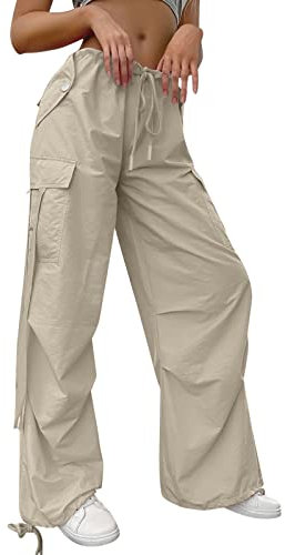 Damen High Waist Y2K Baggy Cargo Hose Boyfriend Sportlich Loose Casual Cargohose Teenager Mädchen Aesthetic Weites Bein Arbeitshosen Elastische Taille E-Girl Leichte Hosen Streetwear
