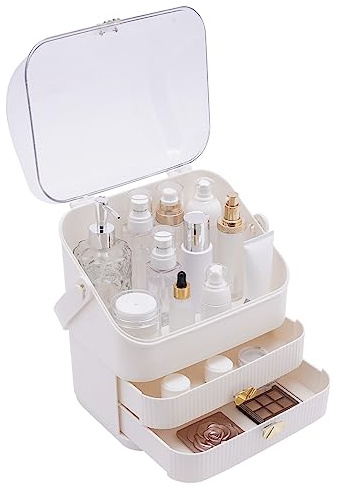 Kosmetisk förvaringslåda, bärbar sminkförvaring, make-up förvaringslåda med dammsäkert lock, med 2 lådor och bärhandtag, hudvårdsorganisatör, smink förvaringssystem (vit)