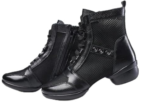 VEACAM Bottes De Danse pour Dames, Baskets De Danse Jazz De Ballet Haut De Gamme Chaussures De Danse en Cuir Bottines À Semelle Fendue Creuses pour Les Femmes Filles,Noir,38 EU