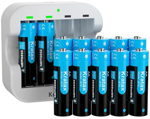 Kratax Rechargeable AA Lithium 1.5V Batteries - High-Capacity 3500mWh - 1600 Cycles - Full-Recharged 12 Pack with Ultra Fast Charger, Long-Lasting, Constant Output for Household Office Device