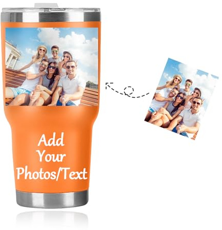 Personalized Travel Mug with Picture&Text,Customized Coffee Cup Travel Mug for Her Stainless Steel Thermal Vacuum Flask, Leakproof Tumbler, Coffee Mug with BPA Free Easy-Clean Lid, 30oz (Orange)