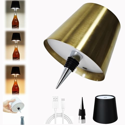 Neioaas Wireless Bottle Lamp,2025 New 3 Color Stepless Dimming Wireless Wine Bottle Lamp, USB Rechargeable Touch LED Wine Bottle Lights for Home,Bar,Camping,Travel (Gold, 1PC)