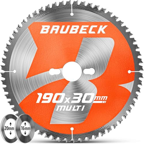 BAUBECK Sägeblatt 190x30 +16/20mm Reduzierringe, 56Z, 1.6mm Schnitt in Holz, Metall & Alu mit Handkreissägen, wie Bosch GKS 190, PKS 66 A / 66 AF, Parkside PHKS 66 kompatibel, Kreissägeblatt 190