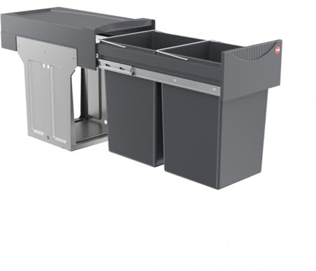 Hailo Abfallsammler Tandem 3666101 | Abfalleimer für Schränke ab 300 mm Breite mit Drehtür | Einbau Mülleimer mit 2x 15L Trennung | Mülltrennung als Vollauszug mit Teleskopschienen | Dunkelgrau