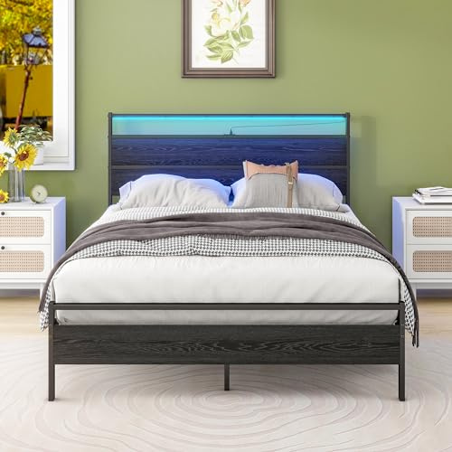 HOJINLINERO Double Bed Frame with Heaboard & LED lights,4ft6 Metal Wooden Bed Frame Double Bed with Charging Station,Mattress Base/Underbed Storage,Heavy Duty Strong Slats Support,Black Bed 135x190cm