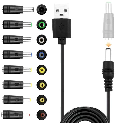 Usb to Dc Power Cable 5V 3A with 8 Adapter Connectors USB Male to Dc 1m 5.5x2.1mm Charger Plug Power Cord with 8 Tips for Power Supply for Sky Puck Stream Hub Laptop Router Keyboard Speaker Power Bank