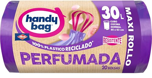 Handy Bag Bolsas de basura perfumadas - Bolsas para cubo de basura de cocina, resistentes y antigoteo, con cinta autocierre y triple capa, 100% plástico reciclado, 30L, Maxi Rollo, 20 bolsas
