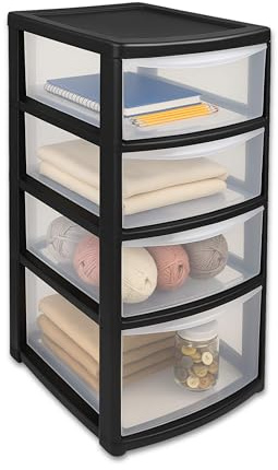 ADEPTNA 4-Tier Mini Tower Storage Drawers Clear Plastic Boxes Space-Saving Home Kitchen Office Garage Organiser Lightweight Durable Multi-Purpose Drawer Unit for Files Tools Clothes