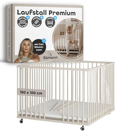 Sämann Laufstall Baby mit Matratze, Schlupfsprossen & Lattenrost | stufenlos höhenverstellbar | Laufgitter Premium | Babybett aus Holz | Krabbelgitter (sahara dust, 100x100 cm)