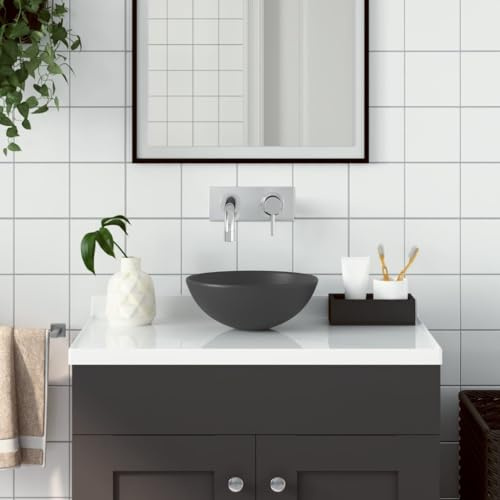 Lavabo de Sobremesa, Cerámica Gris Oscuro, Diseño Redondo sin Rebosadero, para Baño, Tocador o Cocina, Fácil Limpieza, Montaje sobre Encimera, Diámetro 280 mm x Alto 100 mm