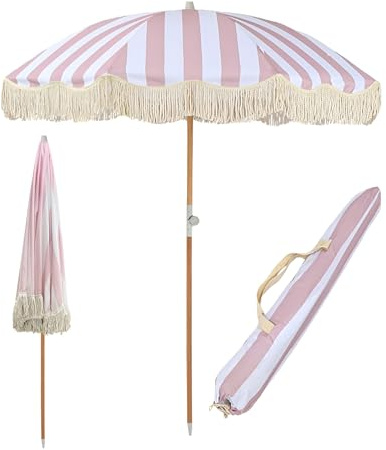 Ombrellone da esterno a righe da 2 m, inclinabile, in legno, con frangia, protezione UV, per piscina, patio, giardino, ristorante