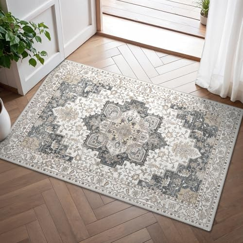 GENIMO Alfombra Salon Vintage Alfombras de Área Lavables en Máquina, Alfombras con Base Antideslizante, Alfombra de Dormitorio de Pelo Corto para Cocina, Comedor, Gris Marrón Oriental, 60X90CM | Cerdas cortas y espalda antideslizante, ideal para entrada, cocina y oficina, diseño oriental impreso fácil de mantener
