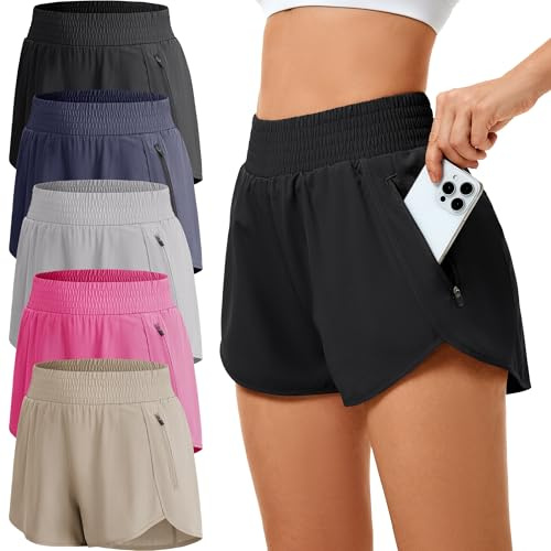 miijoory 5 Pack Womens Running Shorts High Waisted with Zipper Pockets | Quick Dry,Moisture Wicking,Elastic, Lightweight,Ladies Sports Shorts, Gym shorts with liner For Yoga Workout Training Tennis