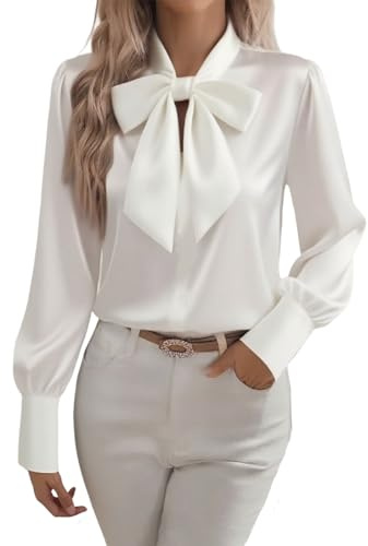 GMQWRK Blusas de Satén Sedoso para Mujer con Lazo en el Cuello, Manga Larga, Tops de Seda con Doble Puño, Elegantes para Damas, Negocios, Casual, Trabajo, Oficina, Camisa Pullover, Elegante para