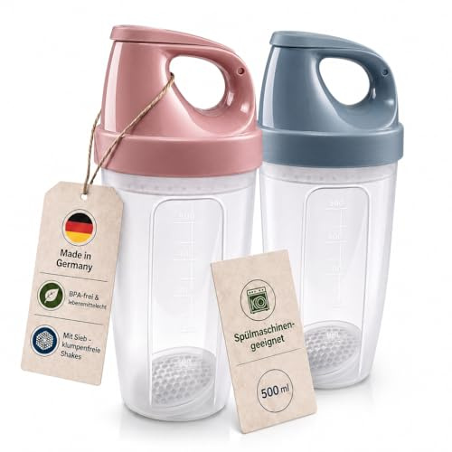 Lomatek Protein Shaker 2er Set - 500 ml mit Sieb – Mixbecher mit Schraubverschluss, BPA frei - spülmaschinengeeignet, Made in Germany, in Kornblumenblau und Altrosa