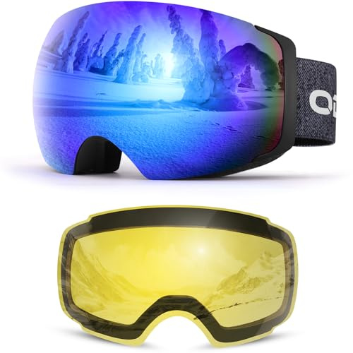 Odoland skidglasögon skidglasögon för kvinnor och män pojkar Framlösa snowboardglasögon med magnetbytbara linser OTG-design UV-skyddshjälm kompatibel för skidåkning Blå VLT 15% + Gul VLT 83%